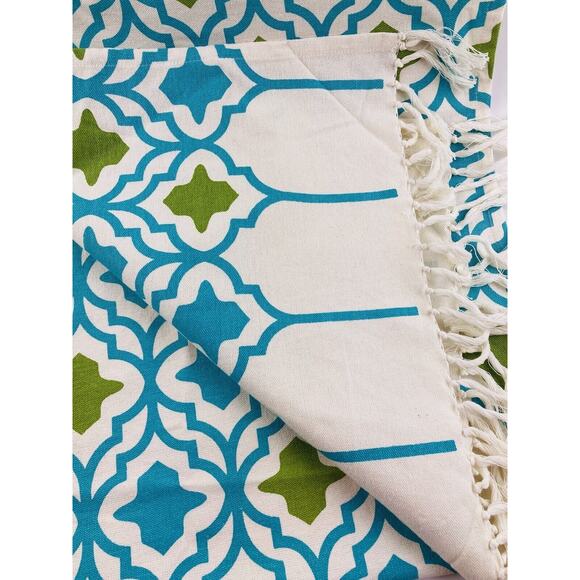 Cotton Tablecloth Runner Moroccan Style Made In India Blue Green Fringe Jabara - Picture 3 of 9